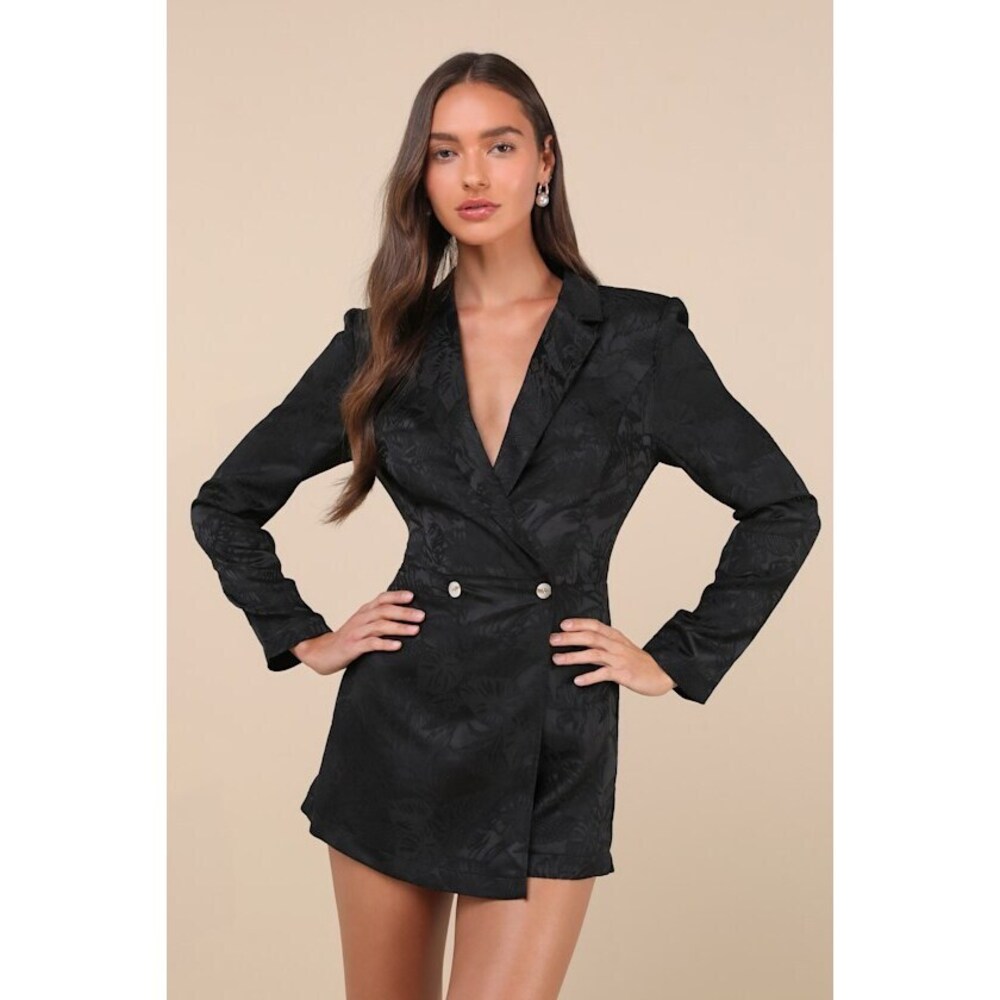 Lulus Confident Sophistication Black Jacquard Collared Blazer Romper - Size M